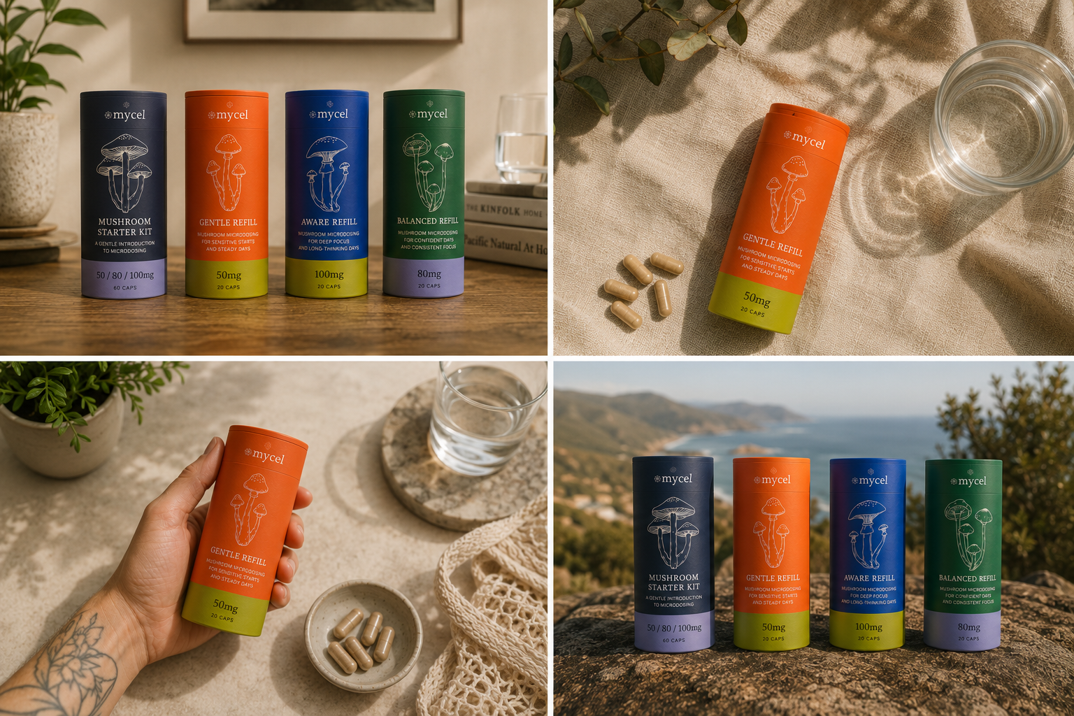 MYCEL product range arranged with botanicals