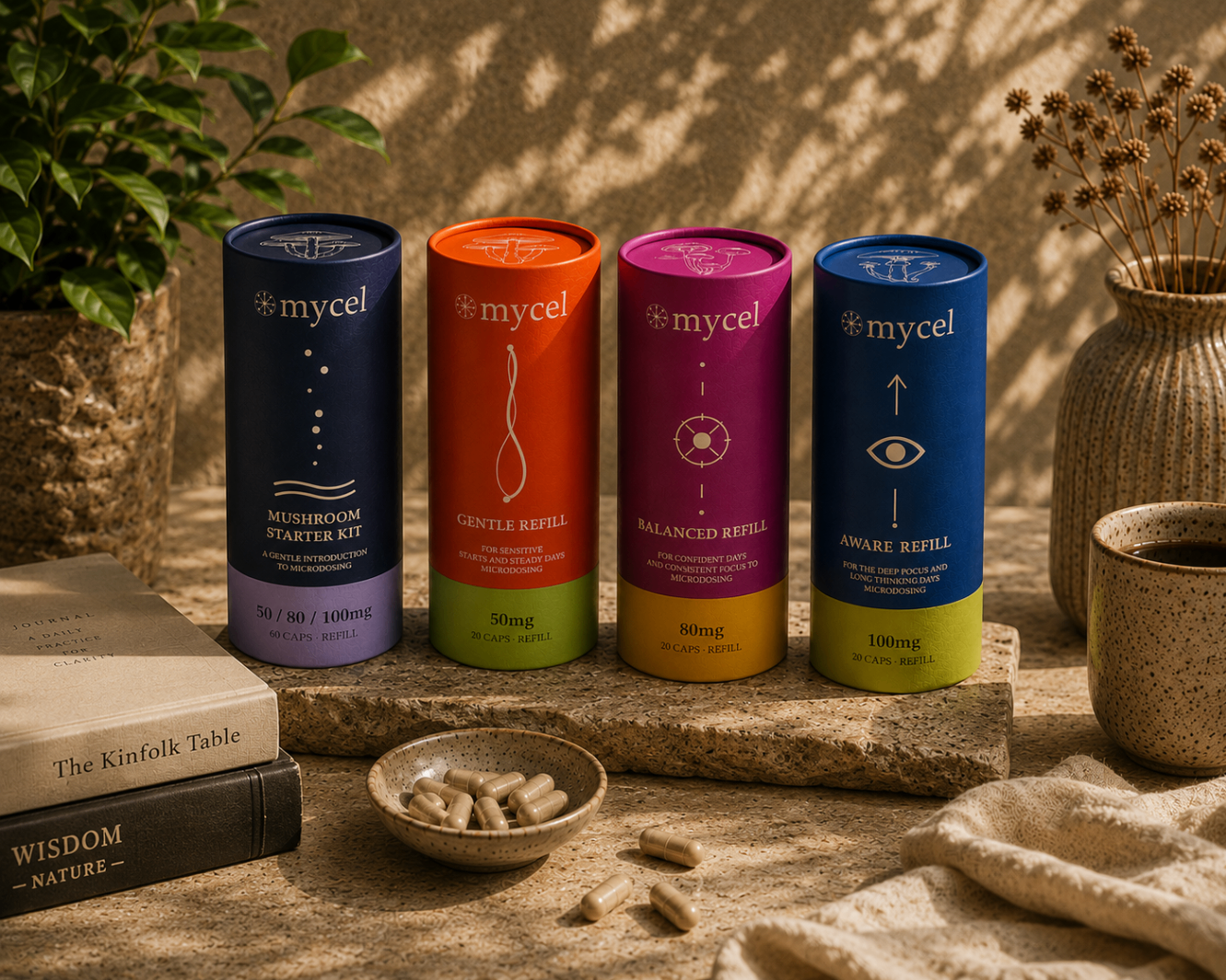 The MYCEL range photographed as a premium apothecary still life with books, capsules, ceramics and warm natural light.
